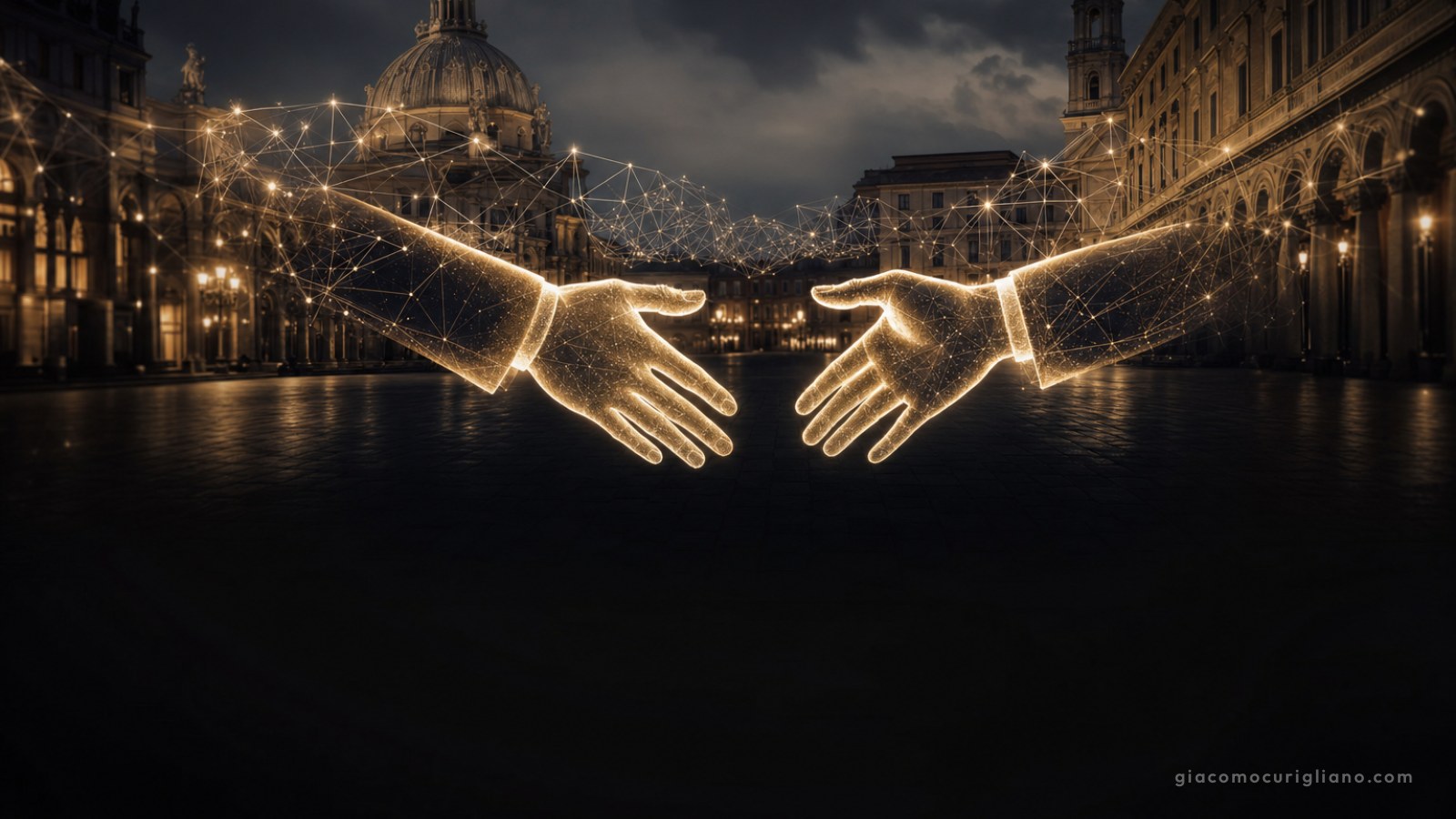 Mani di luce dorata che si stringono in una piazza italiana circondate da reticoli di codice