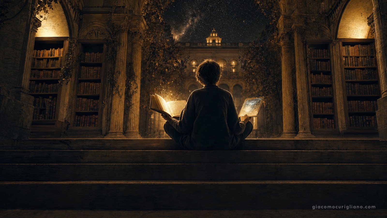 Bambino di spalle in un cortile di biblioteca con un libro e un tablet illuminati