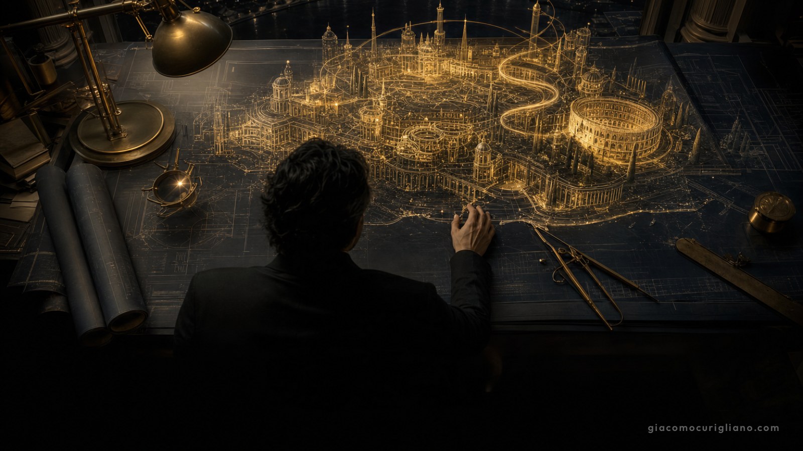 Tavolo da architetto con progetto di una città futura che prende forma in strutture dorate