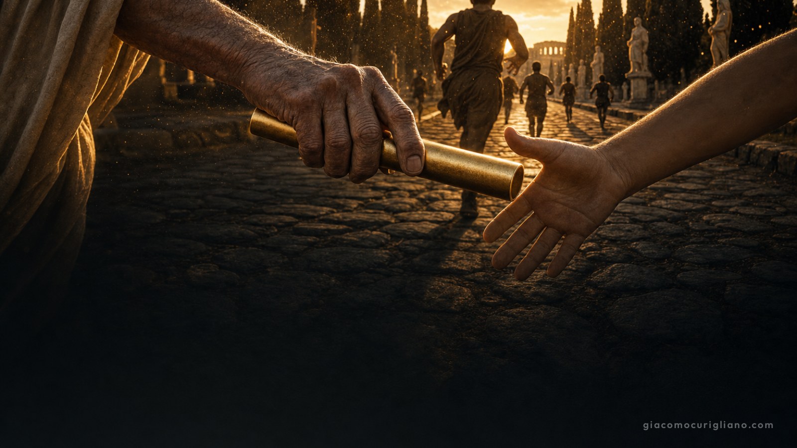 Testimone dorato passato da una mano adulta a una mano giovane su una strada romana al tramonto