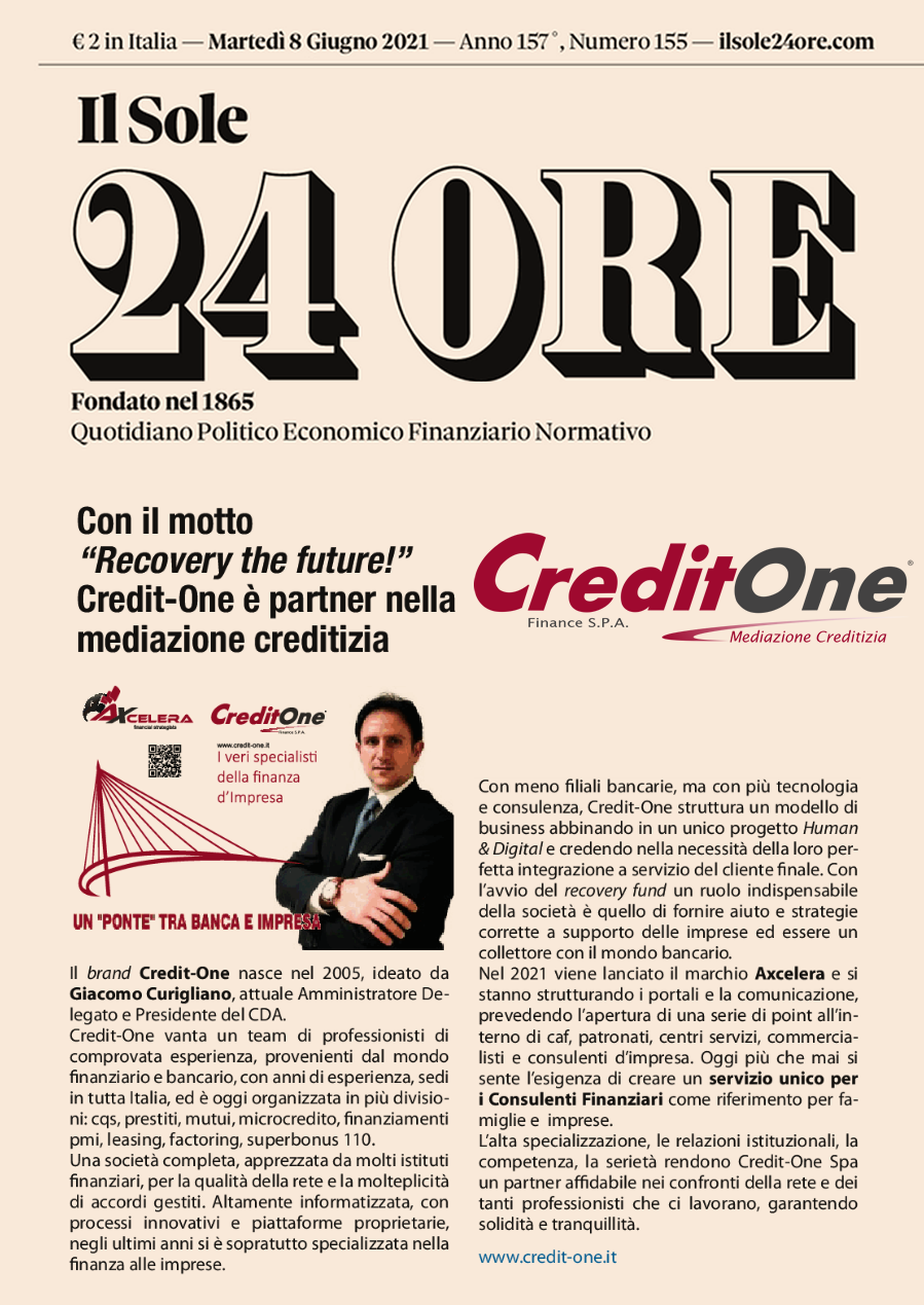 Il Sole 24 Ore — Credit-One partner nella mediazione creditizia